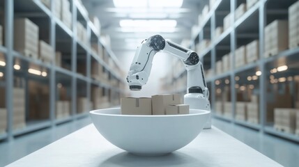 Poster - Futuristic automated warehouse; robotic arm places packages in a minimalist, elegant bowl. Clean lines, soft lighting.