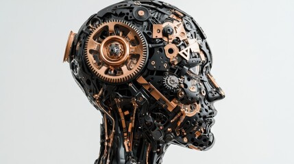 Poster - Side profile of a humanoid robot head with intricate mechanical components symbolizing advanced robotics
