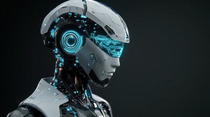 Poster - Neural augmentation robotic automation machine consciousness autonomous robotics and bioinformatics profile of a futuristic humanoid robot with a glowing blue circuit representing ai and robotics