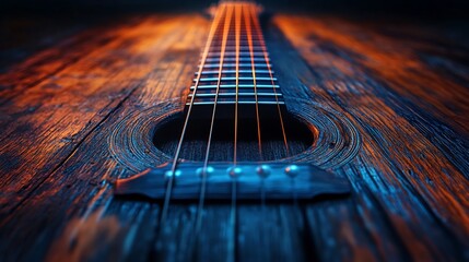 A sharp detail of a guitar string vibrating against a wooden fretboard