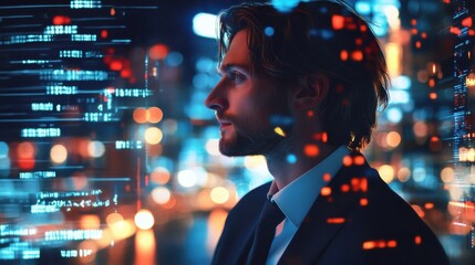Poster - Side portrait of handsome european businessman silhouette on abstract night city background with digital interface. Future and innovation concept. Double exposure.