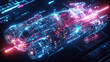 © InfinitiDesigns - Hyper-realistic holographic blueprint of a futuristic vehicle, floating mid-air, glowing neon beams illuminating intricate mechanics