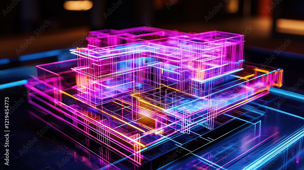 Hyper-realistic holographic display of a 3D architectural plan, glowing ...