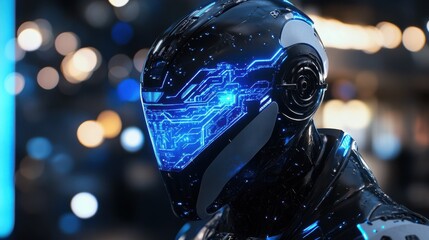 Poster - Neural augmentation robotic automation machine consciousness autonomous robotics and bioinformatics profile of a futuristic humanoid robot with a glowing blue circuit representing ai and robotics