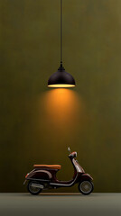 Wall Mural - Maroon Scooter and Pendant Lamp Against Olive Green Wall