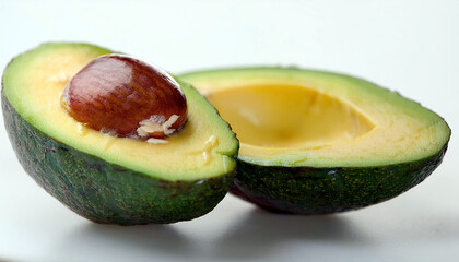 Poster - Freshly Halved Avocado Showcases Vibrant Green Flesh Against a Clean White Backdrop