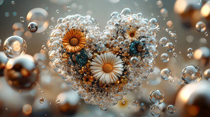 Poster - Enchanting heart of flowers and bubbles abstract art digital creation serene atmosphere close-up view love and nature fusion