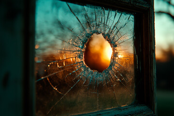 Wall Mural - Shattered Window Pane with Sunset Visible Through Hole