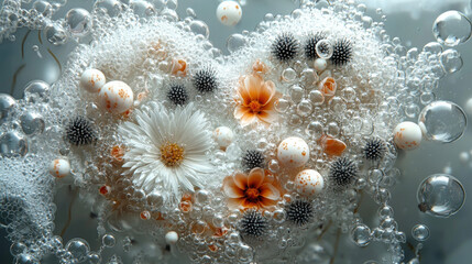 Poster - Bubbles and blooms a heartfelt floral arrangement in nature artistic photography soft focus conceptual beauty underwater environment
