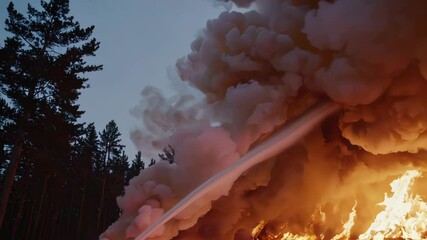 Poster - Firefighting team battling massive forest fire with powerful water jets, generating thick smoke and glowing flames during twilight hours, combating environmental destruction