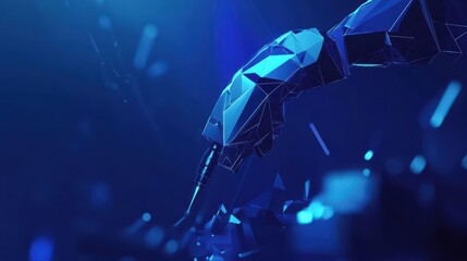 Poster - An abstract polygonal engineer utilizes a robotic arm and tool, and the application of smart technology is depicted in dark blue within the manufacturing process.
