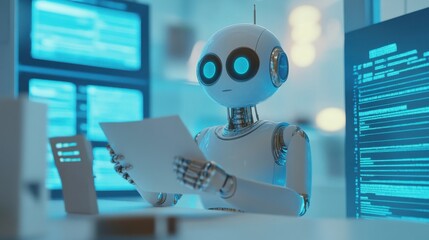 Poster - Humanoid robot analyzing information in concept of stock by machine learning process for 4th/4th Industrial Revolution. 3D illustration.
