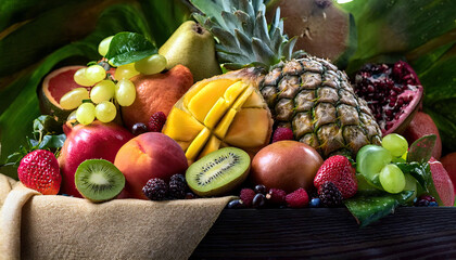 Aufkleber - Vibrant Fruit Arrangement Showcasing a Variety of Fresh, Tropical Delights in a Natural Setting