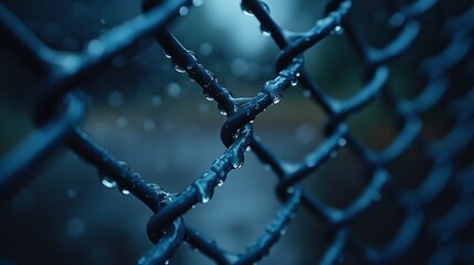 Sticker - Rainy day, close-up chain link fence, park background, somber mood, website banner