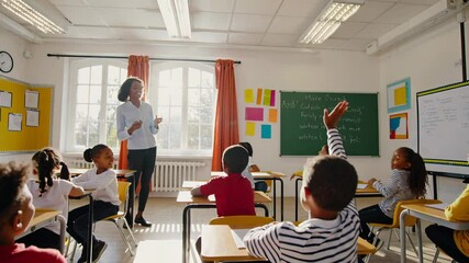 Aufkleber - Sunlight streams into a diverse classroom where a female teacher engages with attentive students, one eager boy consistently raising his hand to participate