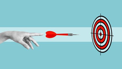 Poster - Challenge, Strategy, Focus,Target and objective business targeting concept. The hand throwing a dart aiming to the target