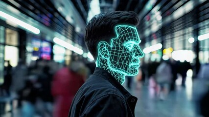 Poster - Advanced facial recognition technology scans and identifies a man's face in a bustling airport terminal, highlighting the increasing use of biometric security measures in public spaces