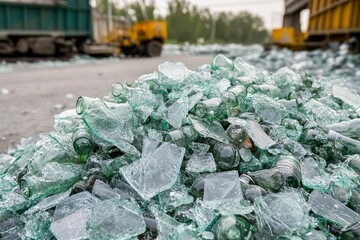 Shattered glass debris collected near industrial site in early morning light. Generative AI