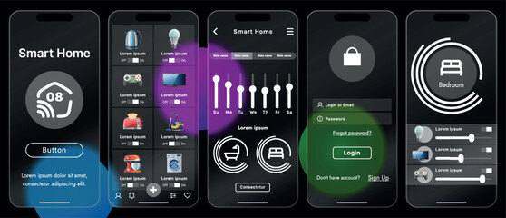 Sleek vector illustration of a smart home app interface displayed on a smartphone. The design features a glass base, modern icons and controls.