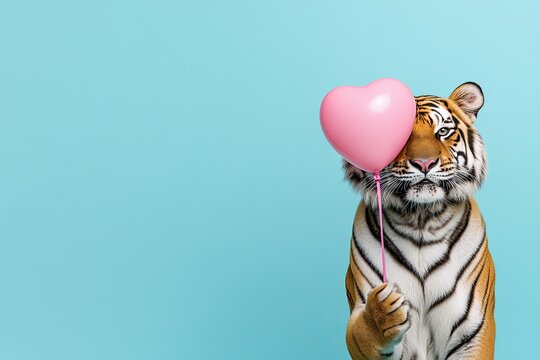 A smiling tiger holds a pink heart-shaped balloon. plain bright colored background