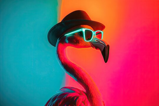 flamingo neon light. plain colored bright background. in glasses and a hat. unusual lighting. place for text.