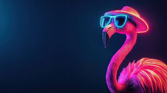 flamingo neon light. plain colored bright background. in glasses and a hat. unusual lighting. place for text.