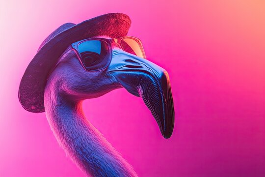 flamingo neon light. plain colored bright background. in glasses and a hat. unusual lighting. place for text.