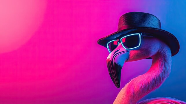 flamingo neon light. plain colored bright background. in glasses and a hat. unusual lighting. place for text.