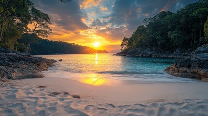 Poster - Secluded beach sunrise, tropical cove, calm ocean, travel poster