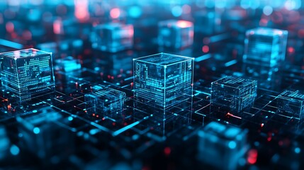 Aufkleber - A 3D-rendered background with a grid of floating, transparent cubes, each displaying different digital information