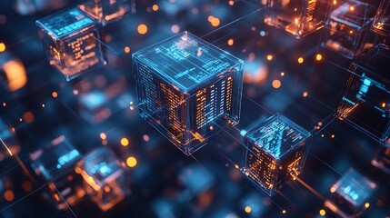 Poster - A 3D-rendered background with a grid of floating, transparent cubes, each displaying different digital information