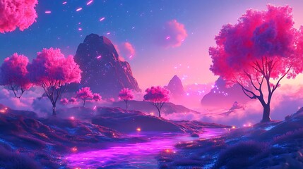 Aufkleber - A background featuring a digital landscape with neon-colored trees and a glowing sky