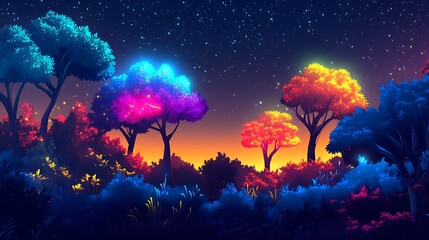 Aufkleber - A background featuring a digital landscape with neon-colored trees and a glowing sky