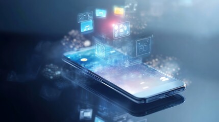 Aufkleber - A background featuring a transparent smartphone with augmented reality applications floating above it
