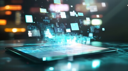 Poster - A background featuring a transparent tablet with augmented reality applications floating above it