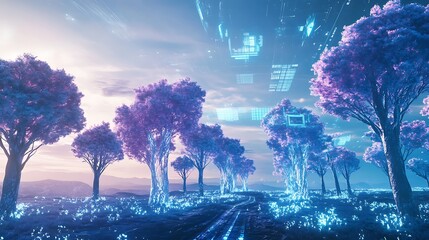 Aufkleber - A background featuring a virtual reality environment with holographic trees and a digital sky