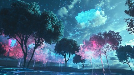 Aufkleber - A background featuring a virtual reality environment with holographic trees and a digital sky