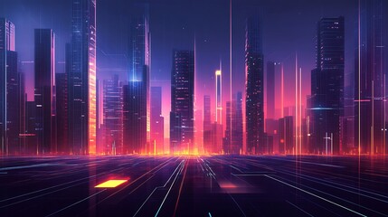 Poster - A background with a futuristic cityscape made of glowing lines and geometric shapes, representing a virtual metropolis