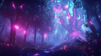 Poster - A digital forest background with neon trees and glowing wildlife, creating an otherworldly atmosphere