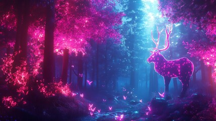 Aufkleber - A digital forest background with neon trees and glowing wildlife, creating an otherworldly atmosphere