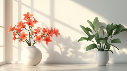 Wall Mural - Sunlit Interior with Orange Flowers and Green Plant in White Pots