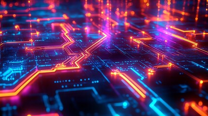 Aufkleber - A digital landscape with interconnected neon circuits and glowing nodes, representing a high-tech network