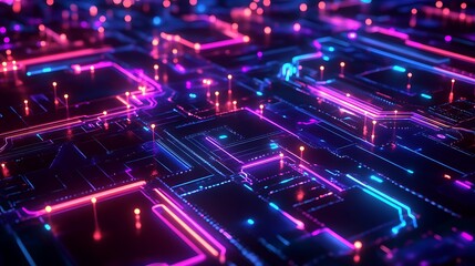 Aufkleber - A digital landscape with interconnected neon circuits and glowing nodes, representing a high-tech network