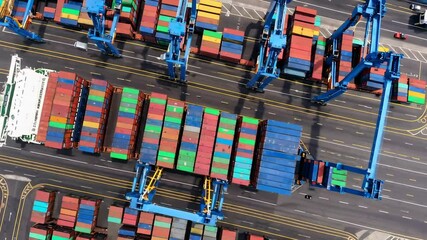 Poster - Multiple views of a container ship docking and unloading at a busy port, showcasing the complex logistics and operations involved in global trade and cargo transportation