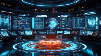 Aufkleber - A futuristic background featuring a holographic interface with floating data points and graphs, set against a sleek, metallic backdrop