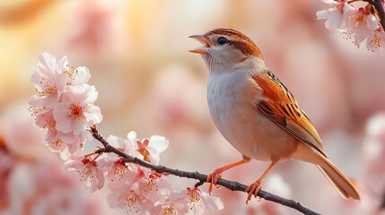 Naklejka na meble A sparrow chirping joyfully from a blooming cherry blossom tree in spring