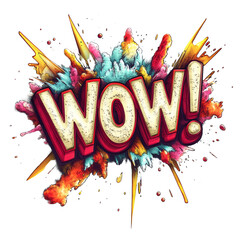 Aufkleber - A vibrant 3D rendered Wow exclamation surrounded by a colorful paint splash explosion, evoking excitement and impact.