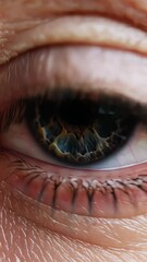Poster - Detailed human eye revealing vibrant iris patterns, displaying intricate color variations and mesmerizing texture in striking close up perspective