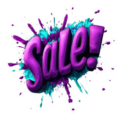 Poster - A vibrant graphic design featuring the word Sale in bold purple text set against a backdrop of teal paint splatters.