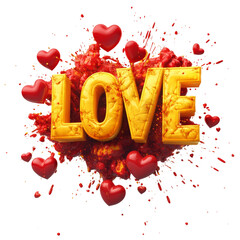 Poster - A 3D rendering of the word LOVE in golden text surrounded by red hearts and red paint splashes against a black background.